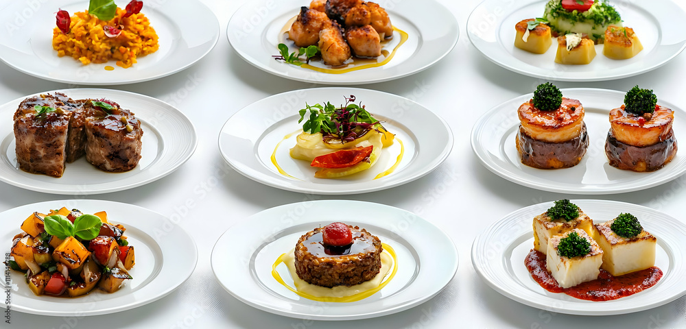 An array of gourmet dishes, each carefully crafted and arranged on elegant plates, isolated on a white background to highlight the beauty and complexity of modern culinary art.