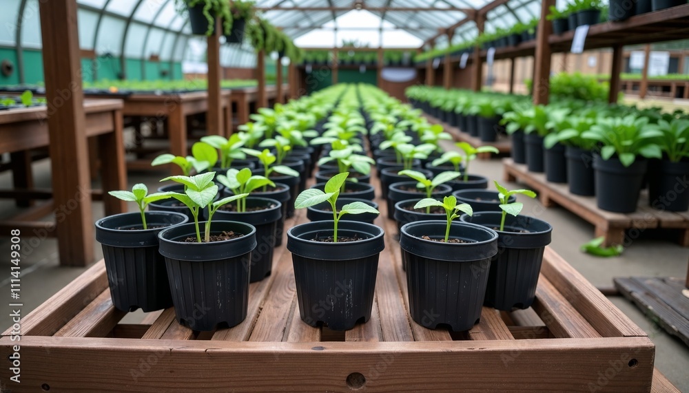 Potted seedlings growing in a greenhouse with organized planting tables Potted seedlings growing in a greenhouse with organized planting tables