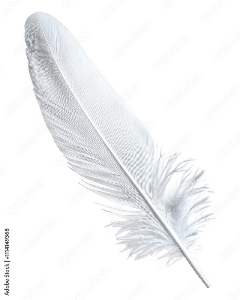 [Closeup photograph of a single white feather against a dark background] Close-up Of A Delicate White Feather Against Dark Background With Subtle Textures & Sheen Suggesting Freshness Or Design