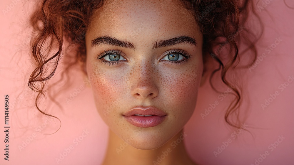 Studio portrait of woman with glowing skin, touching face, highlighting skincare and beauty treatments with pink background Studio portrait of woman with glowing skin, touching face, highlighting skincare and beauty treatments with pink background