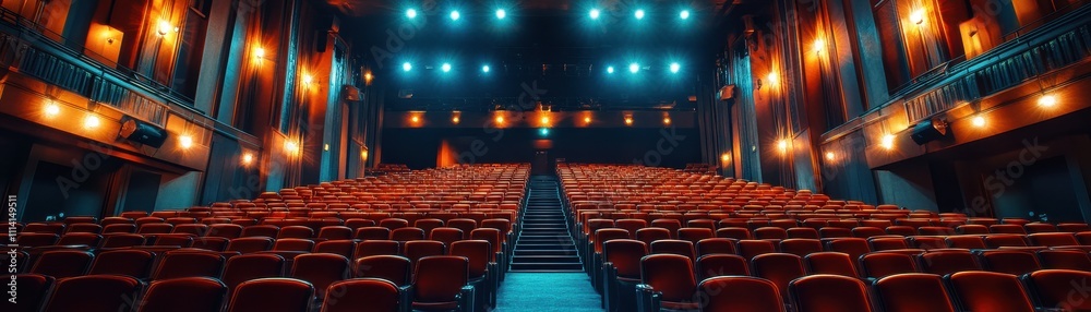 Fototapeta premium Elegant Theater Interior with Rows of Red Seats and Dramatic Lighting in a Grand Performance Venue