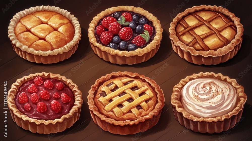 Set of delicious pie illustrations with decorative crust designs Set of delicious pie illustrations with decorative crust designs