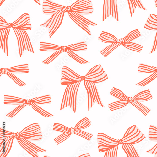 Seamless pattern with various hand drawn pink bows with red strip in coquette aesthetic, Trendy doodle pattern for girl