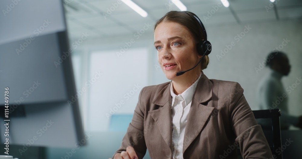 Caucasian woman works in modern office: Female technical support operator or customer manager talks on headset with client, uses computer, provides online customer service. E-business and E-commerce. Caucasian woman works in modern office: Female technical support operator or customer manager talks on headset with client, uses computer, provides online customer service. E-business and E-commerce.
