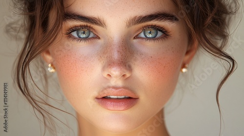 Close-up portrait of model with little chubby frame, showcasing luxury jewelry, with focus on neck and ear, set in bright atmosphere