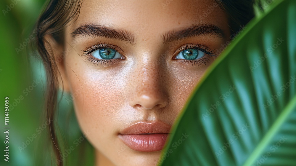 Close-up photo of woman face with green exotic leaf, emphasizing skin care and beauty treatments Close-up photo of woman face with green exotic leaf, emphasizing skin care and beauty treatments