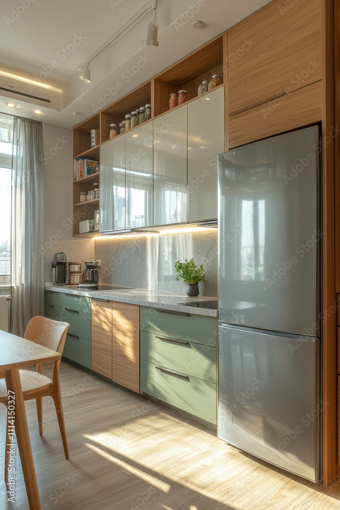 Modern kitchen with green cabinetry and wood accents, showcasing sleek design and natural light Modern kitchen with green cabinetry and wood accents, showcasing sleek design and natural light