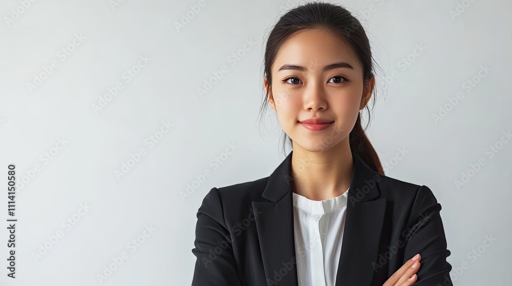 Young Asian woman, professional businesswoman, standing in office clothes, smiling and looking confident, against white background. Young Asian woman, professional businesswoman, standing in office clothes, smiling and looking confident, against white background.