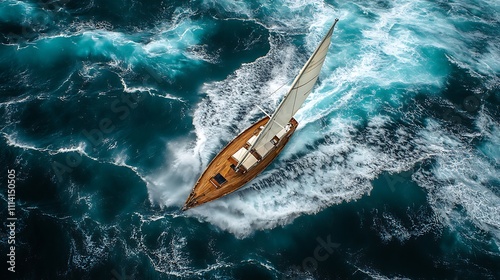Classic sailboat navigating rough seas, aerial view.