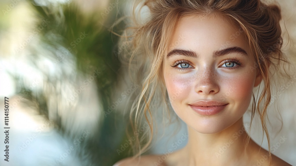 Portrait of beautiful young woman with fresh, clean skin, looking at empty space, emphasizing cosmetology and spa treatments Portrait of beautiful young woman with fresh, clean skin, looking at empty space, emphasizing cosmetology and spa treatments