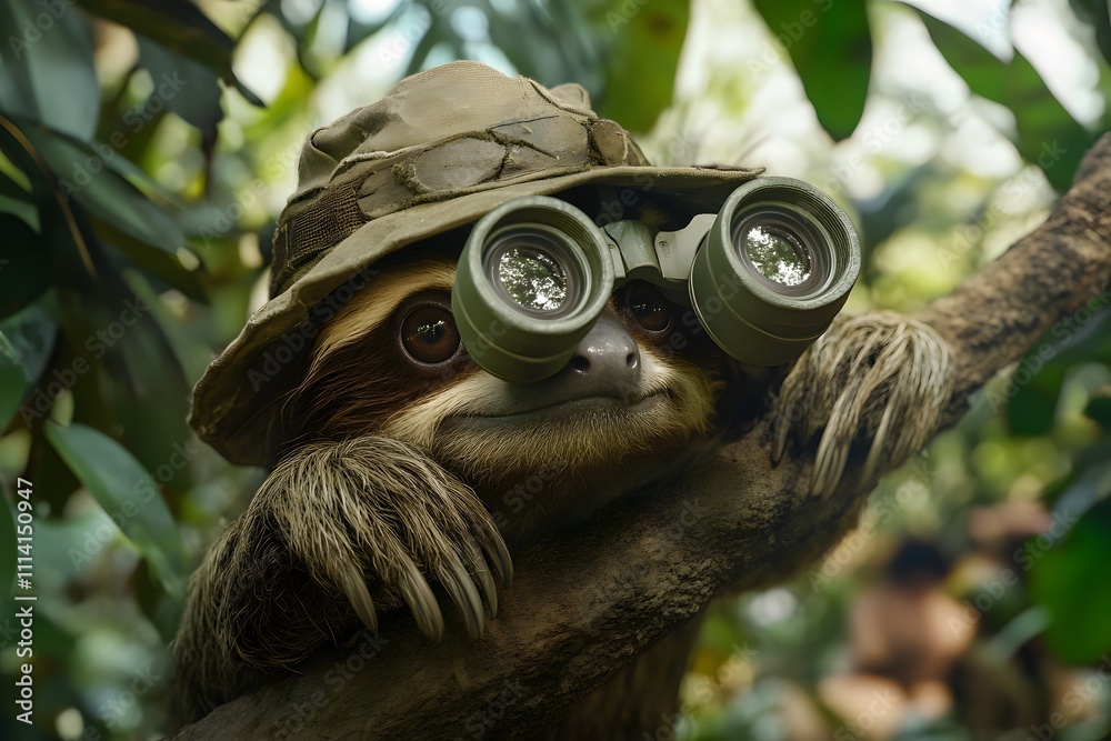 Obraz premium sloth with binoculars exploring safari jungle greenery as a cute adventurer in nature with tropical foliage and trees