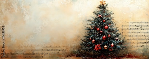 Vintage Christmas tree with ornaments and sheet music background, nostalgic holiday design.