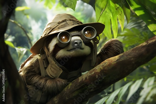 sloth with binoculars exploring safari jungle greenery as a cute adventurer in nature with tropical foliage and trees