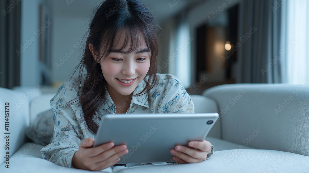 ソファでタブレットを操作する女性