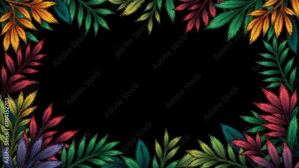 Lush tropical plants frame the image, vibrant flowers and exotic animals peeking through, creating a lively, colorful scene Lush tropical plants frame the image, vibrant flowers and exotic animals peeking through, creating a lively, colorful scene