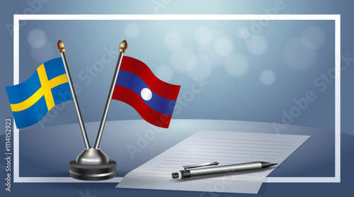 Sweden and Laos Small national flag on bokeh background, cooperative relationship