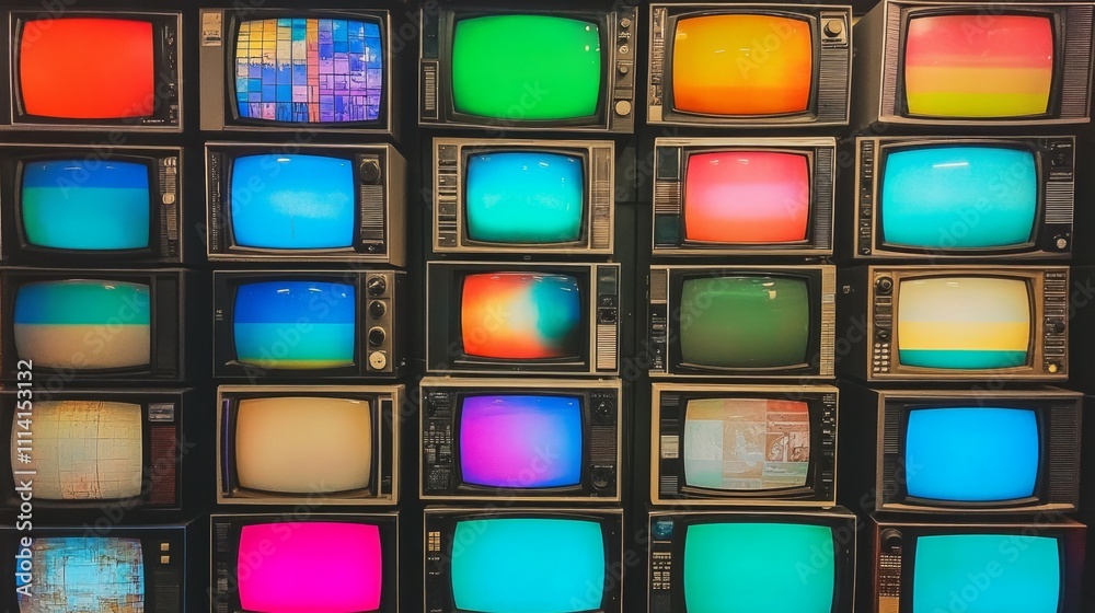 Wall of televisions displaying various colorful broadcasts Wall of televisions displaying various colorful broadcasts