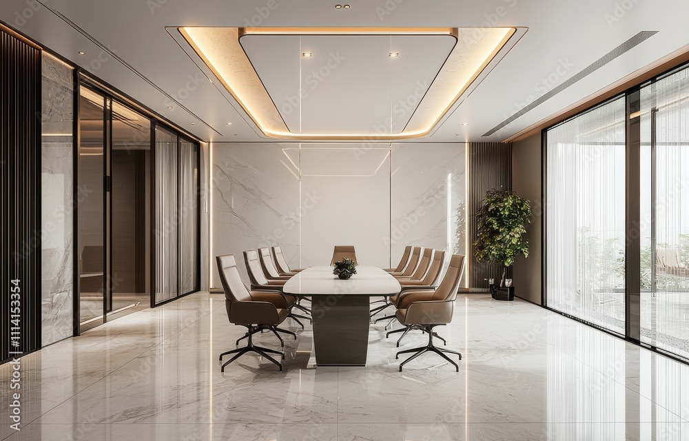 Fototapeta premium Modern minimalist conference room with elegant white decor, featuring sleek design and natural light