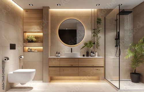 Modern minimalist-style bathroom with luxury marble finishes, floating toilet, large mirror, and sleek shower design
