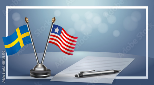 Sweden and Liberia Small national flag on bokeh background, cooperative relationship