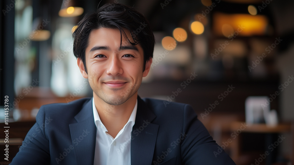 カフェで仕事をするスーツを着た日本人男性 カフェで仕事をするスーツを着た日本人男性