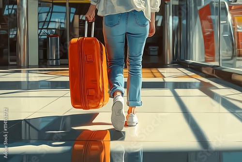 A traveler walks through an airport terminal, pulling an orange suitcase, captured in bright sunlight and reflections on the polished floor. photo