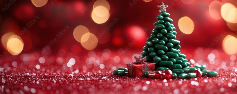 christmas tree made of green medical pills, with gifts under it, on a red festive background with bokeh, copyspace
