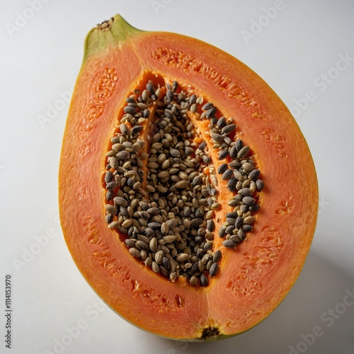 A papaya cut lengthwise with its seeds exposed, on a white background. photo