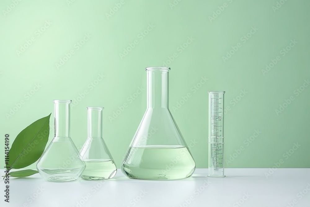 https://s.mj.run/XoTUHKJxO_s Light green background featured some lab glassware placed on white table top consist of boiling flask, measuring cylinder, erlenmeyer and empty pedestal, the right side is