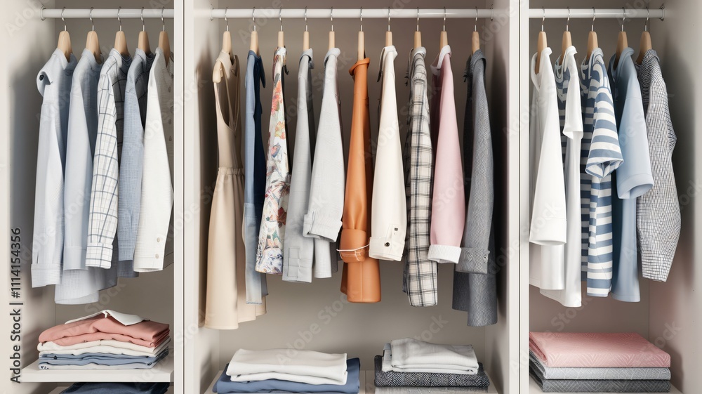 Colorful clothes hang neatly on a rail in the wardrobe. Colorful clothes hang neatly on a rail in the wardrobe.