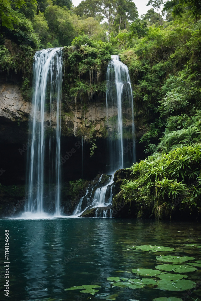 waterfall cascading into a calm lake, surrounded by lush greenery waterfall cascading into a calm lake, surrounded by lush greenery