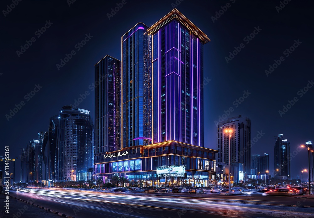 Fototapeta premium Stunning nighttime cityscape featuring a modern skyscraper illuminated with vibrant purple and gold lights, showcasing sleek architecture and dynamic city life.
