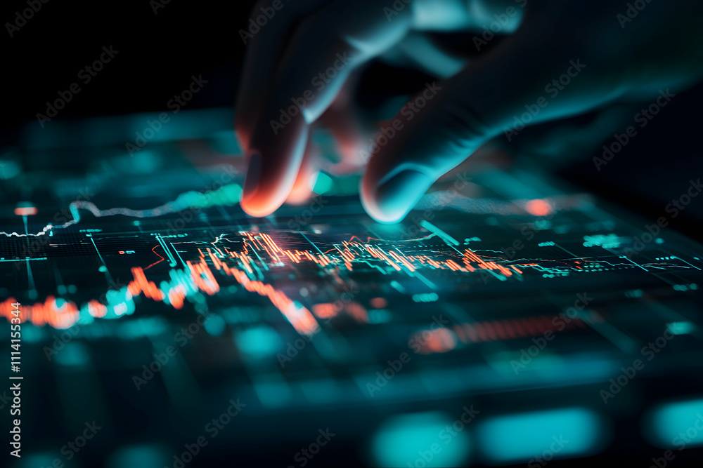 Close-up of a hand interacting with a digital tablet displaying dynamic financial data, showcasing vibrant graphs and charts in a dark setting. Close-up of a hand interacting with a digital tablet displaying dynamic financial data, showcasing vibrant graphs and charts in a dark setting.