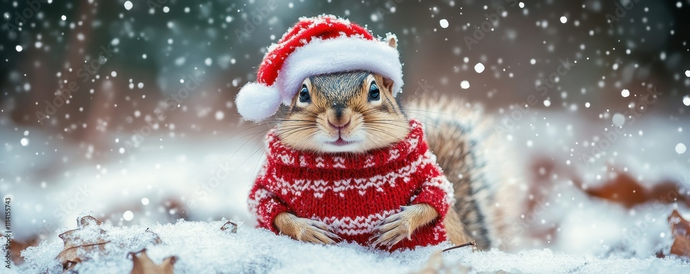Chipmunk in snow with winter clothes like Santa Claus.. Christmas style hat and sweater. Funny animals in winter. Chipmunk in snow with winter clothes like Santa Claus.. Christmas style hat and sweater. Funny animals in winter.