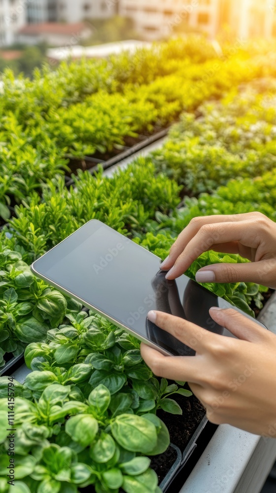 Hands using a tablet to monitor plants in a sunlit urban garden, AI
