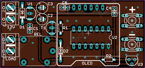 Vector printed circuit board of electronic device with components of radio elements, conductors and contact pads placed on pcb. Engineering technical educational drawing. Computer technic cad design.