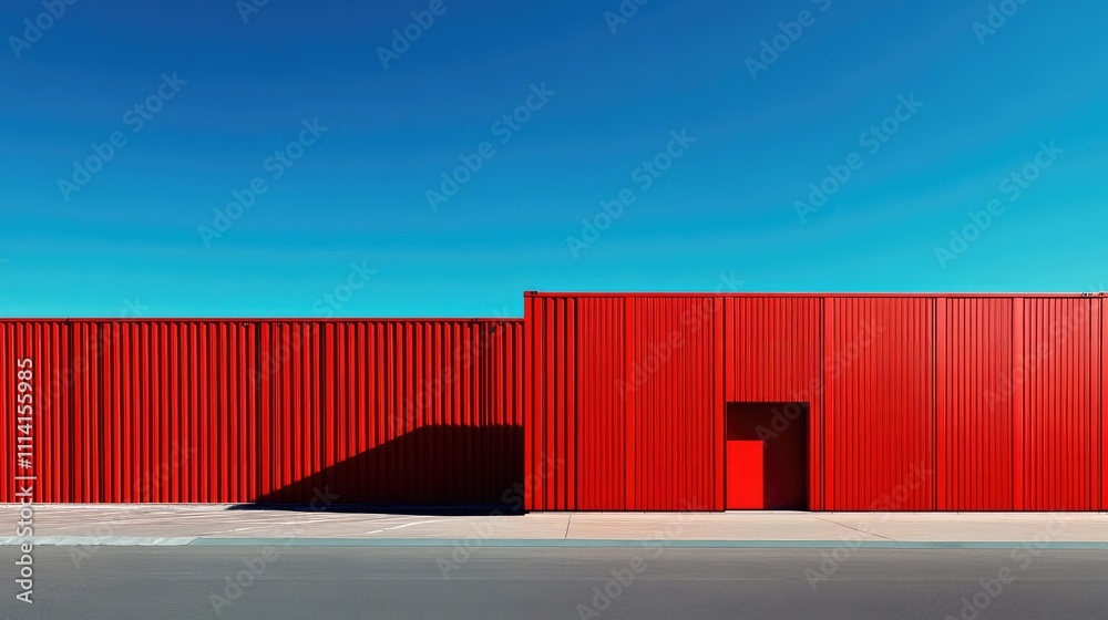 Vibrant red cargo containers against a clear blue sky, creating a striking color contrast, [cargo containers], [color theory in industry]
