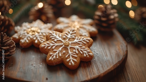 Festive gingerbread cookies, snowflake shapes, holiday decoration with pinecones and fir branches on wooden table, Christmas ambiance concept