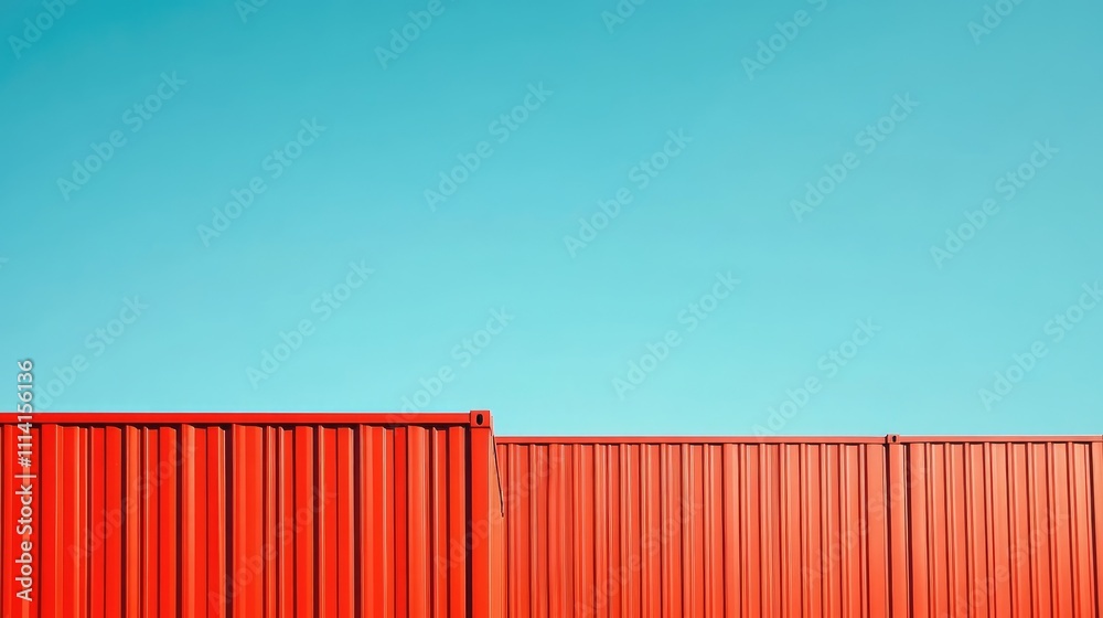 Vibrant red cargo containers against a clear blue sky, creating a striking color contrast, [cargo containers], [color theory in industry]