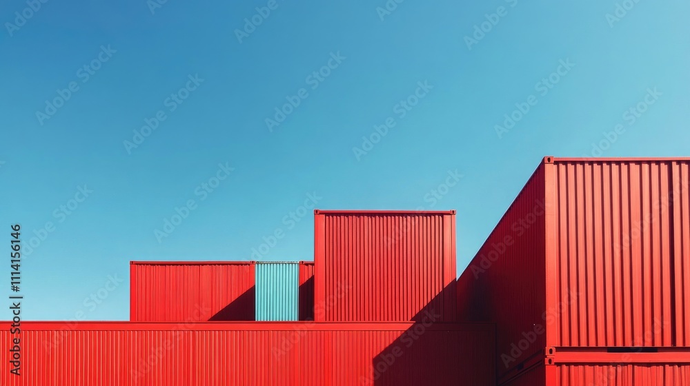 Obraz premium Vibrant red cargo containers against a clear blue sky, creating a striking color contrast, [cargo containers], [color theory in industry]
