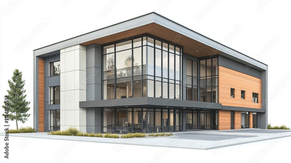3d rendering of a modern two-story home with gray and wood accents, large windows, parking space on the right side of the building, on a white background. 3d rendering of a modern two-story home with gray and wood accents, large windows, parking space on the right side of the building, on a white background.