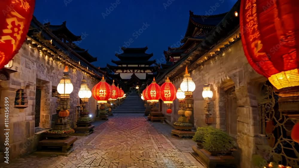 Moon shining over traditional chinese street decorated with red lanterns Moon shining over traditional chinese street decorated with red lanterns
