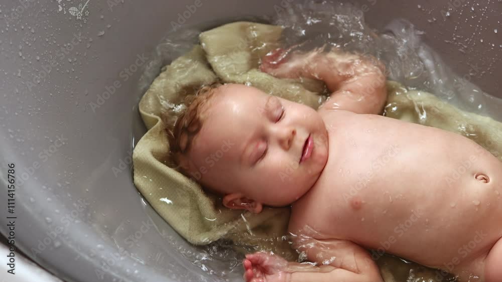 Bathing a baby in a bath on a stand. Personal hygiene of the baby. Bathing a baby in a bath on a stand. Personal hygiene of the baby.