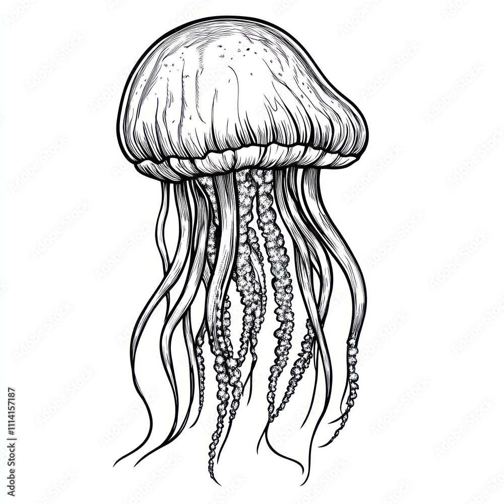 Detailed line art drawing of a jellyfish. Detailed line art drawing of a jellyfish.