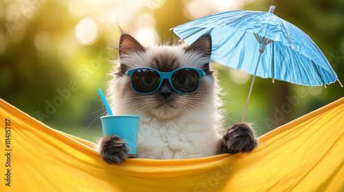 A stylish cat relaxes in a hammock with sunglasses and a drink, enjoying a sunny day under a small blue umbrella.