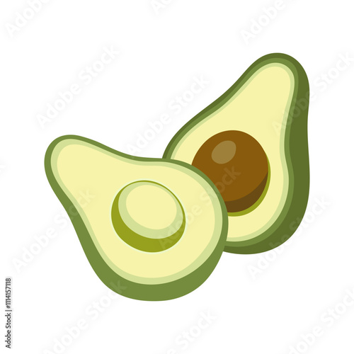 Green avocado halves, cut half with seed. Hand drawn cartoon fruit illustration.