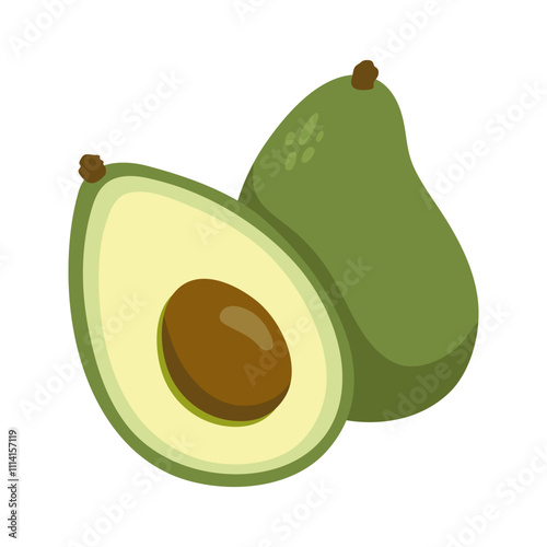 Two green avocado, whole and cut half with seed. Hand drawn cartoon fruit illustration.