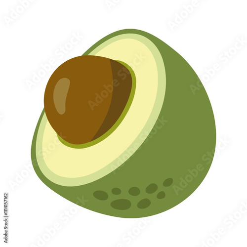 Summer green half of avocado with seed. Hand drawn cartoon fruit illustration.