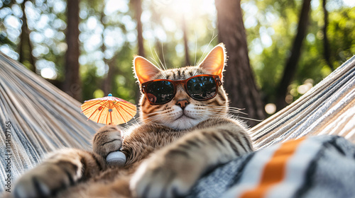 A relaxed cat wearing sunglasses enjoys a sunny day in a hammock, holding a tiny umbrella amid lush greenery.