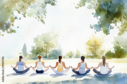 People and community gathering concept. A serene outdoor scene of people meditating in nature. watercolor style.